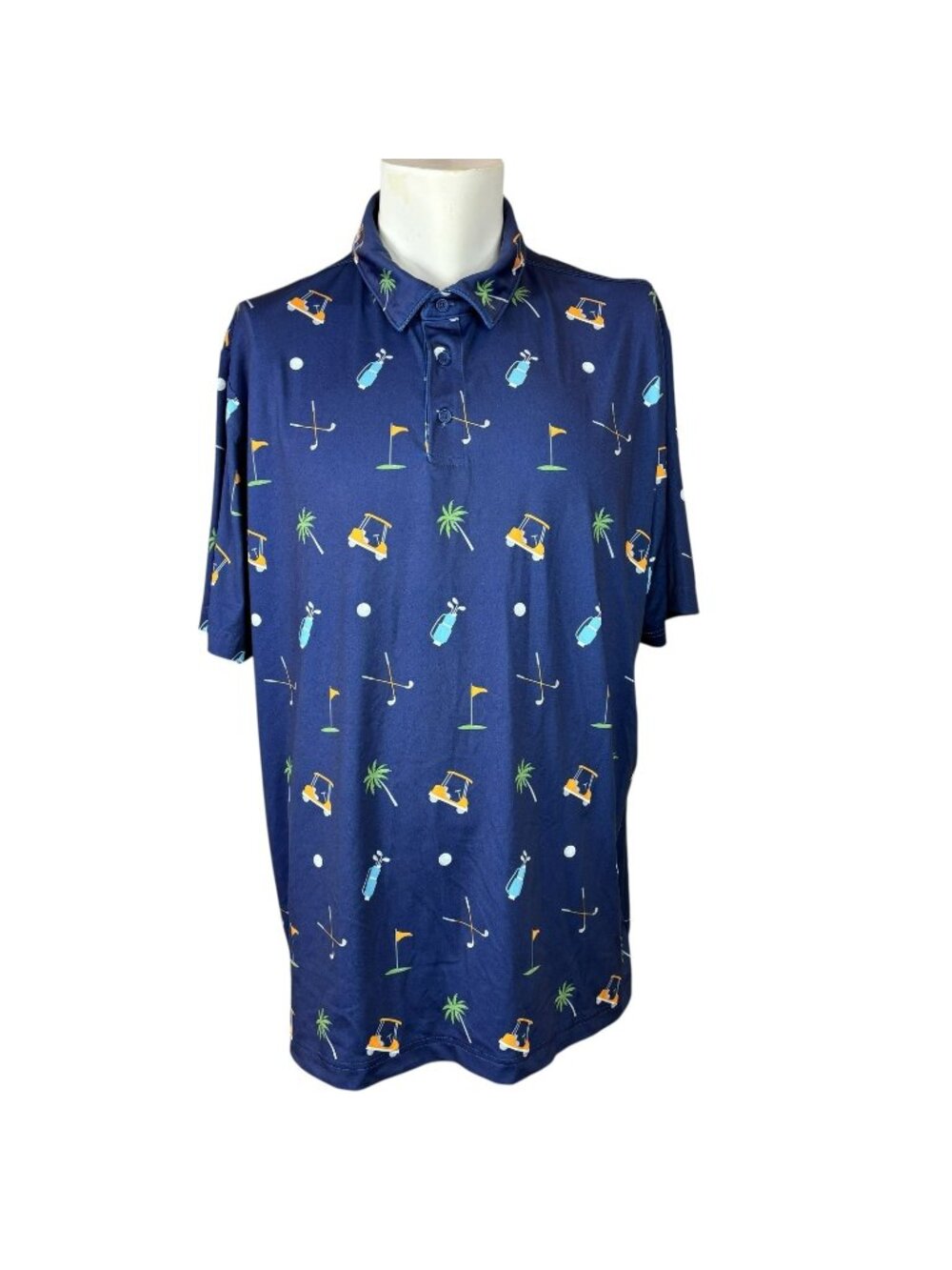 RORIE WHELAN Golf Polo All Over Print Carts Clubs Flags Trees